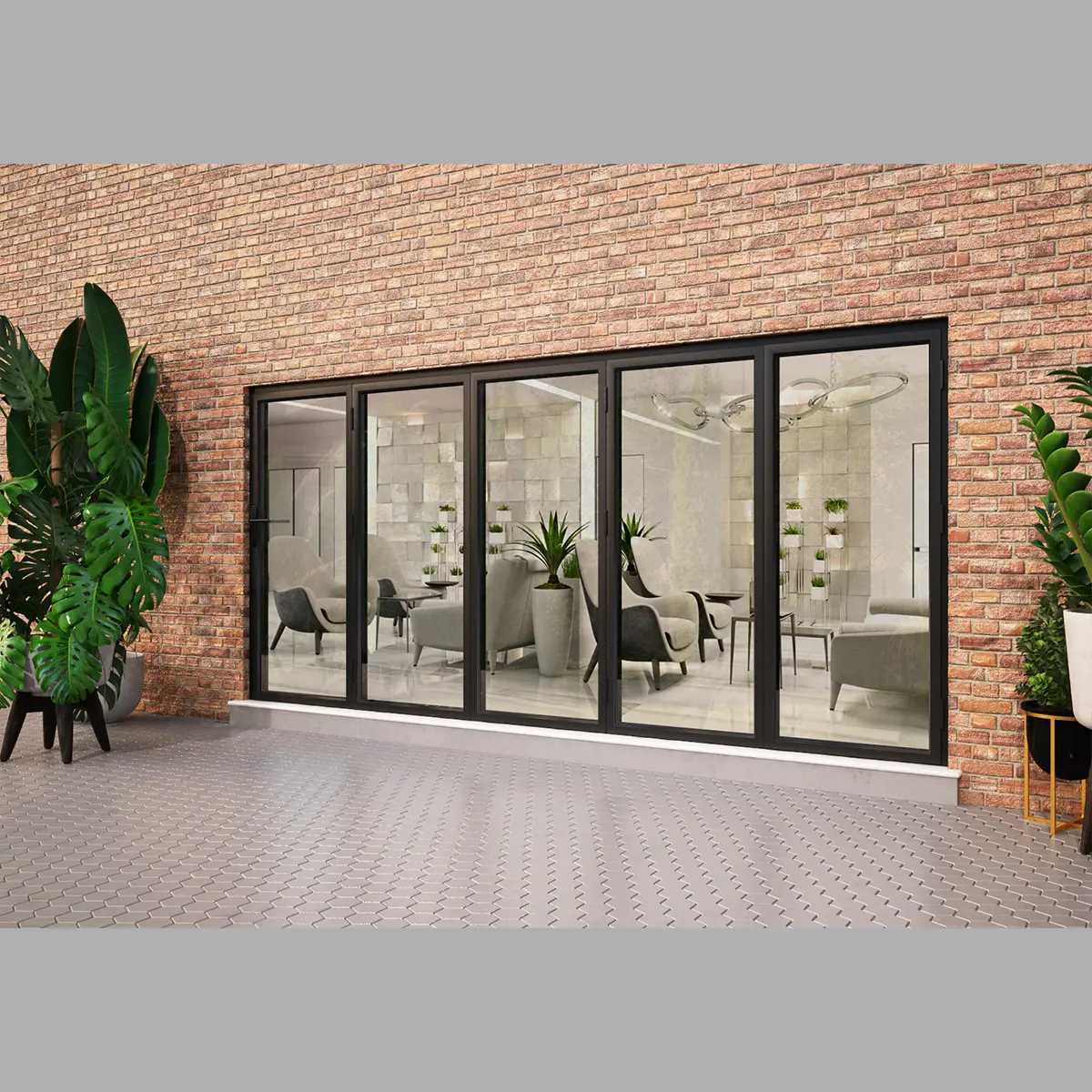 3300 x 2000 5 Panel Black On White Bifold Doors